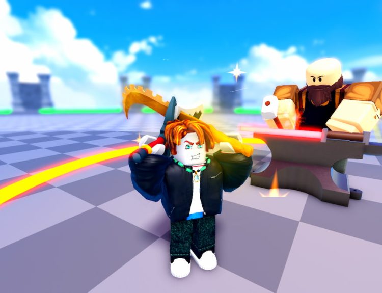 Picture showcasing player with rare swords in Dungeon RNG Roblox.