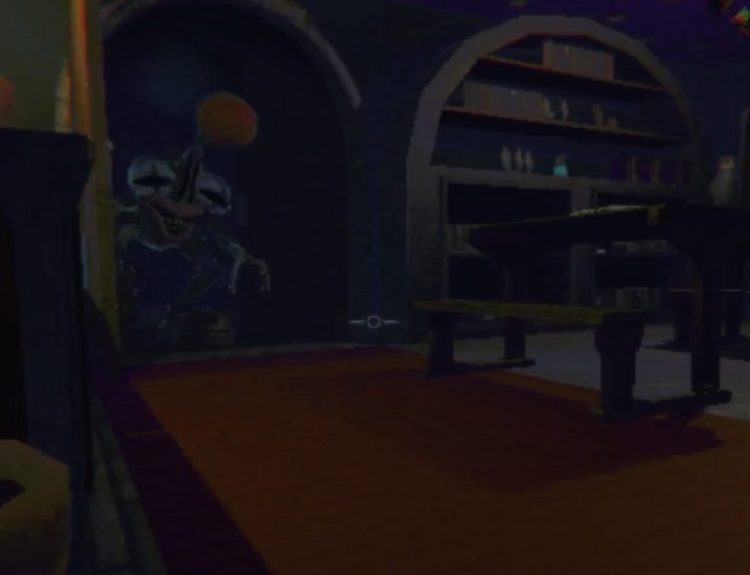 Watching a Clown coming through a door into a large room with tables and a red carpet