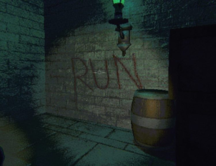 Looking at a bloody message on the wall of the Academy. It reads: RUN