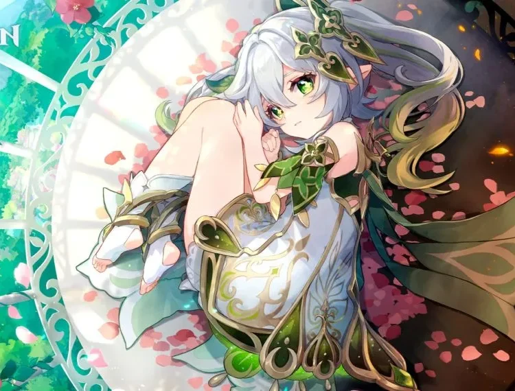 The five-star Dendro Catalsyt character Nahida curled up on the ground with half of it being vibrant and booming and the other half covered in flames and burning away,.