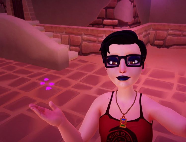 Disney Dreamlight Valley player with black hair and glasses next to pink More than a Mirage paw prints.