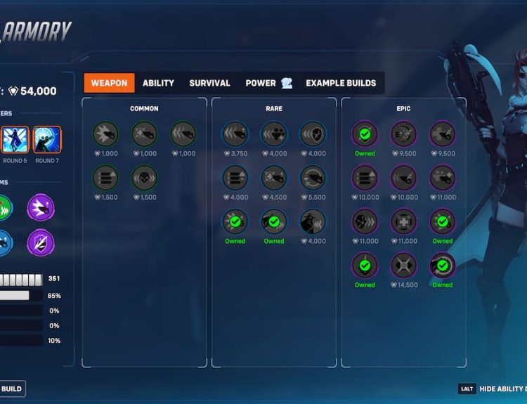 An image from Overwatch 2 Stadium of a Freja build that focuses on Take Aim and Weapon Damage.