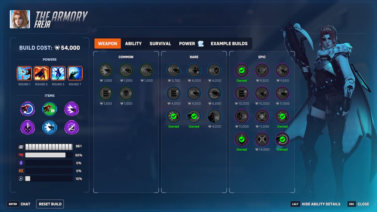 An image from Overwatch 2 Stadium of a Freja build that focuses on Take Aim and Weapon Damage.
