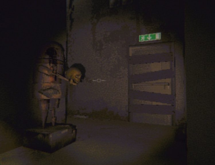 Looking at a semibot statue holding a skull, next to a boarded-up fire exit door