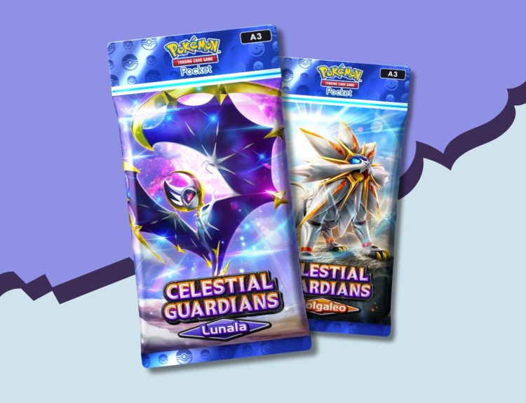Pokémon TCG Pocket Celestial Guardians packs on a blue and purple striped background.