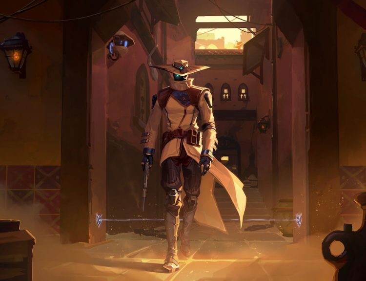 Picture showing Cypher walking in VALORANT with a gun.