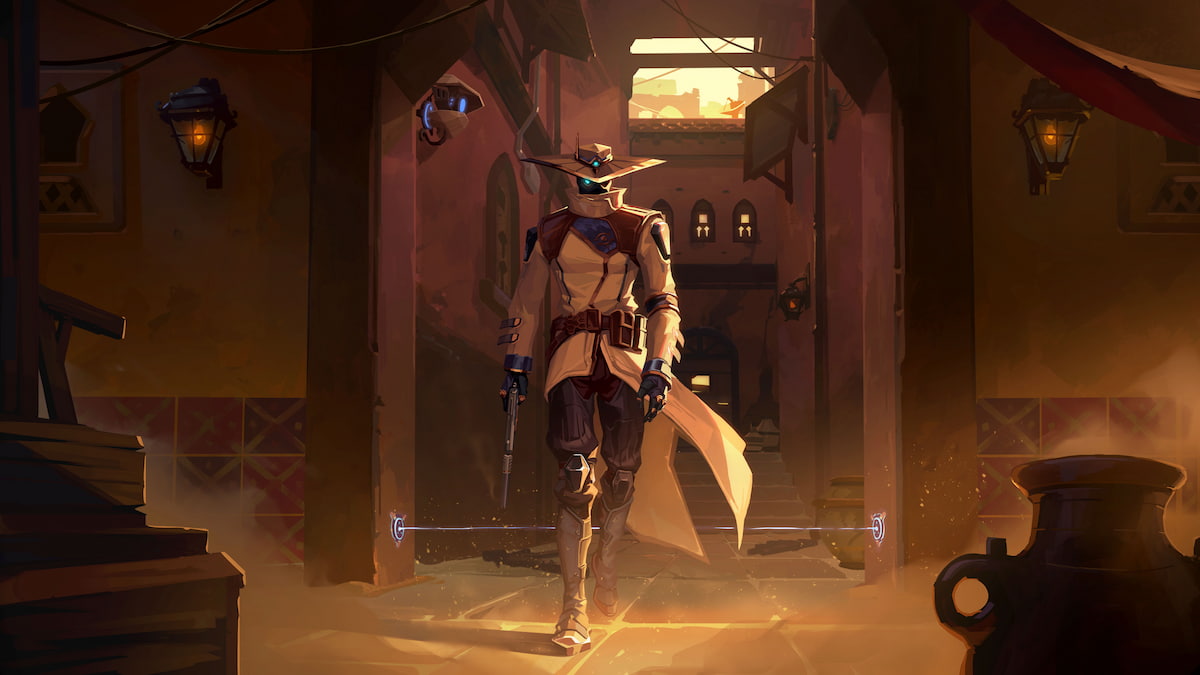 Picture showing Cypher walking in VALORANT with a gun.