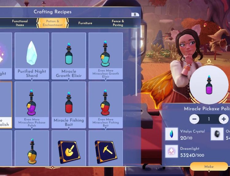 Crafting Miracle Pickaxe Polish in Disney Dreamlight Valley.