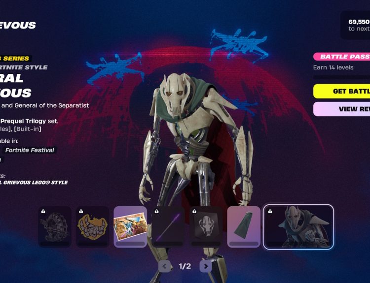 in-game screenshot of the battle pass page featuring General Grievous in Fortnite Galactic Battle.