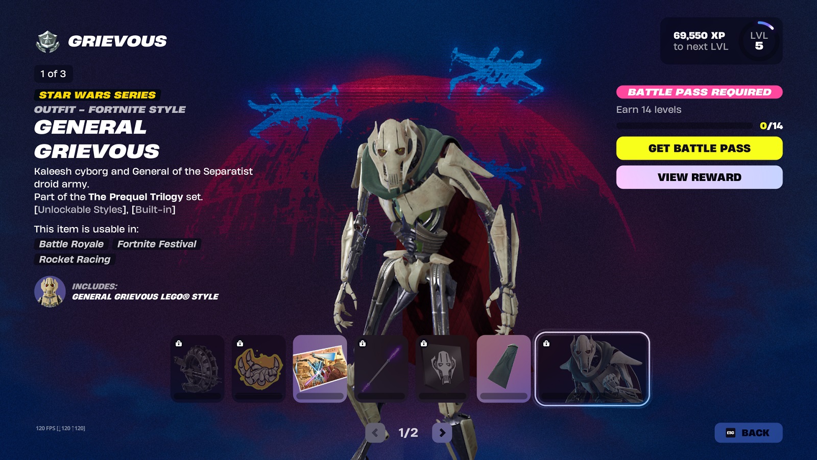 in-game screenshot of the battle pass page featuring General Grievous in Fortnite Galactic Battle.