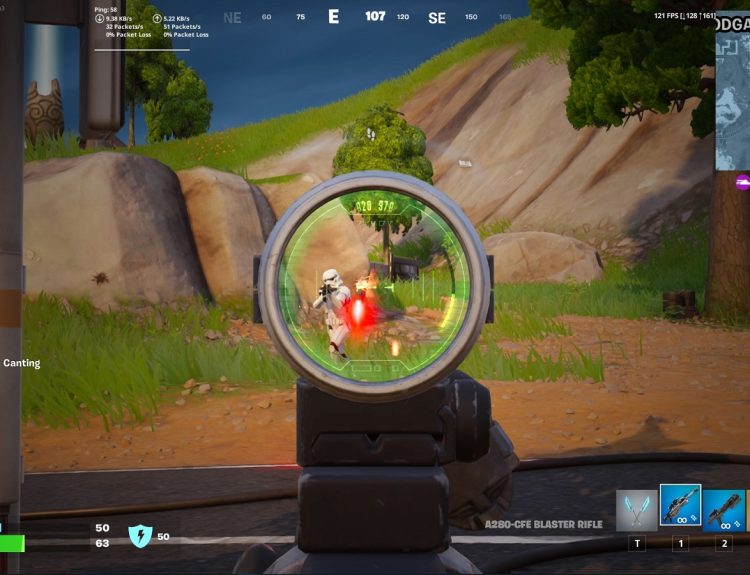 in-game screenshot featuring an Imperial Stormtrooper in Fortnite.