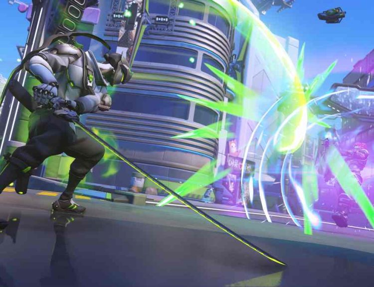 Genji in a match during a Stadium mode game in Overwatch 2