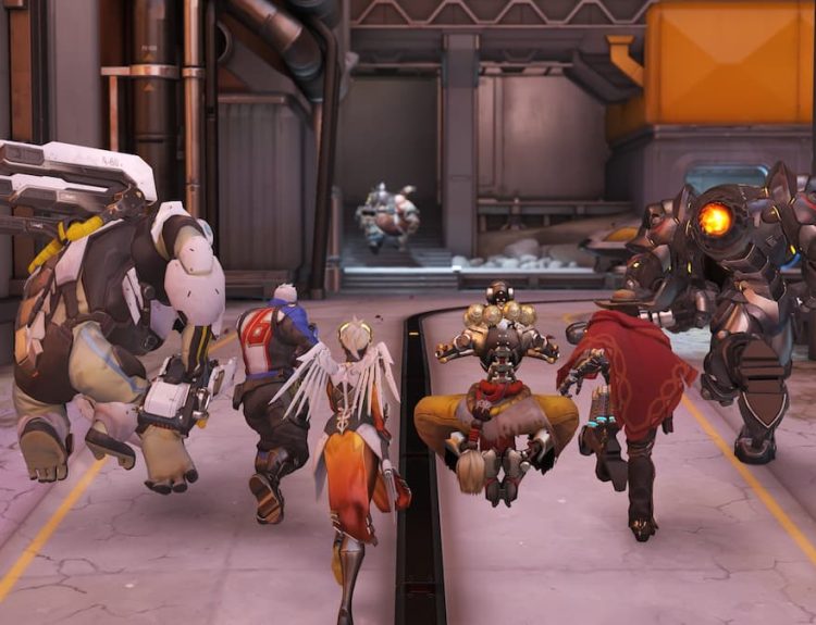 Winston, Soldier, Mercy, Zenyatta, Cassidy, and Reinhardt in Overwatch: Classic mode
