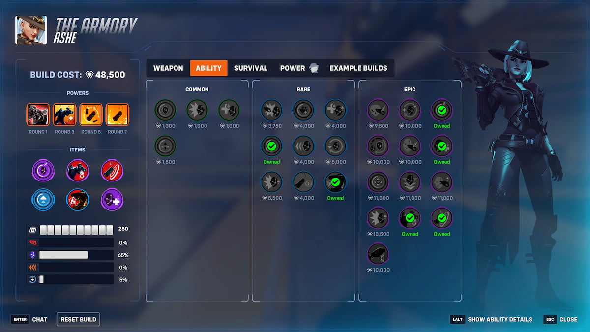 Ashe loadout in Overwatch 2 Stadium