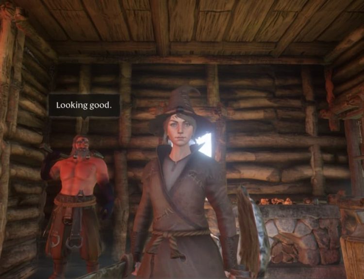 The player standing by the Blacksmith inside a building.