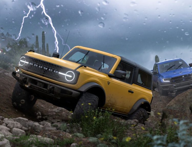 A Forza Horizon 5 vehicle on hilly terrain.
