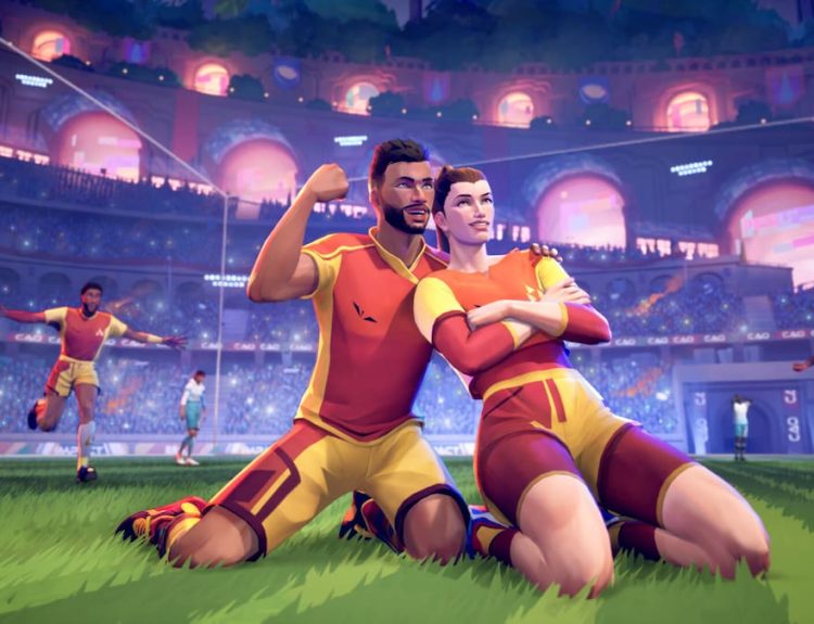 Picture showing players celebrating after scoring a goal in Rematch.