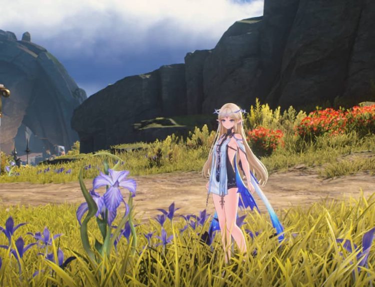 An image from Wuthering Waves of Cartethyia standing next to a Bamboo Iris, her upgrade material.
