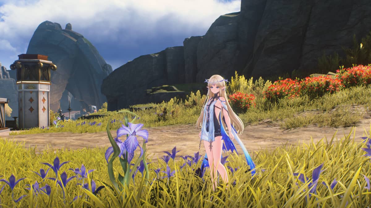 An image from Wuthering Waves of Cartethyia standing next to a Bamboo Iris, her upgrade material.