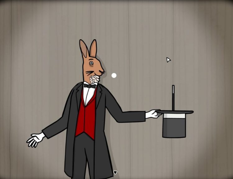 Mr. Rabbit from Mr. Rabbit Magic Show holding his hat and magic wand.
