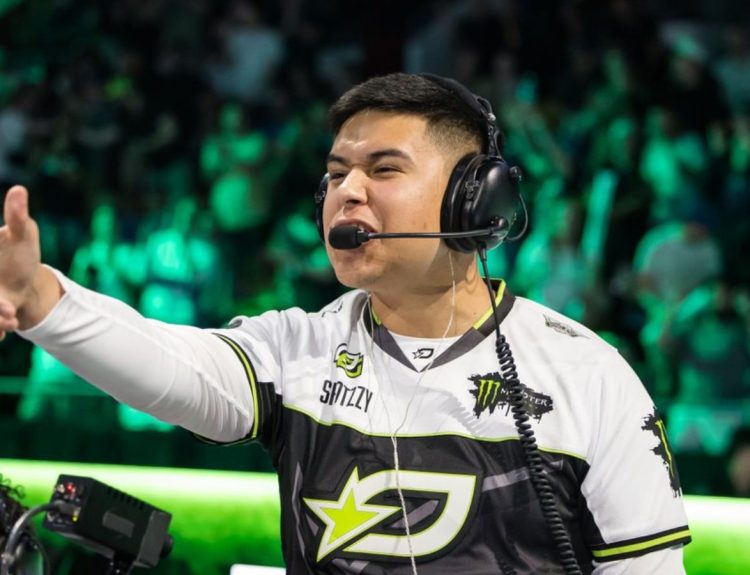 OpTic Texas' Shotzzy points at the opposing team after a victory at CoD Champs 2025.
