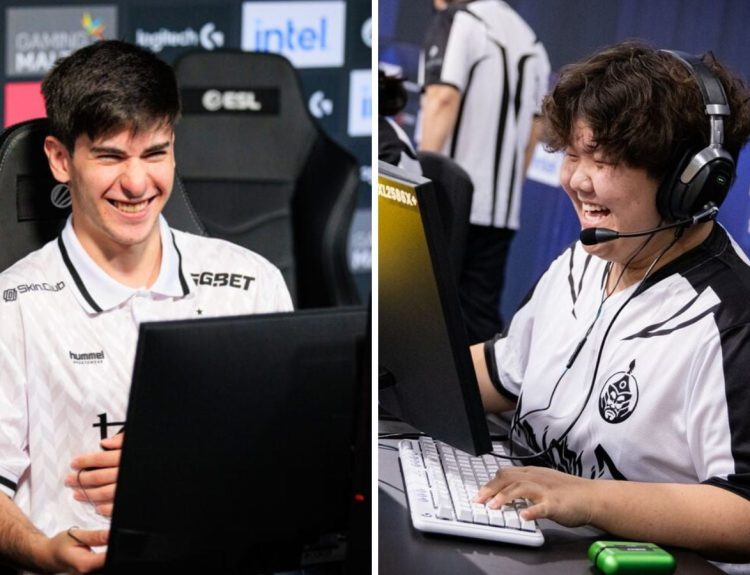 Team Vitality's FlameZ (left) and The MongolZ mzinho (right) smiling during separate tournaments organized by ESL.