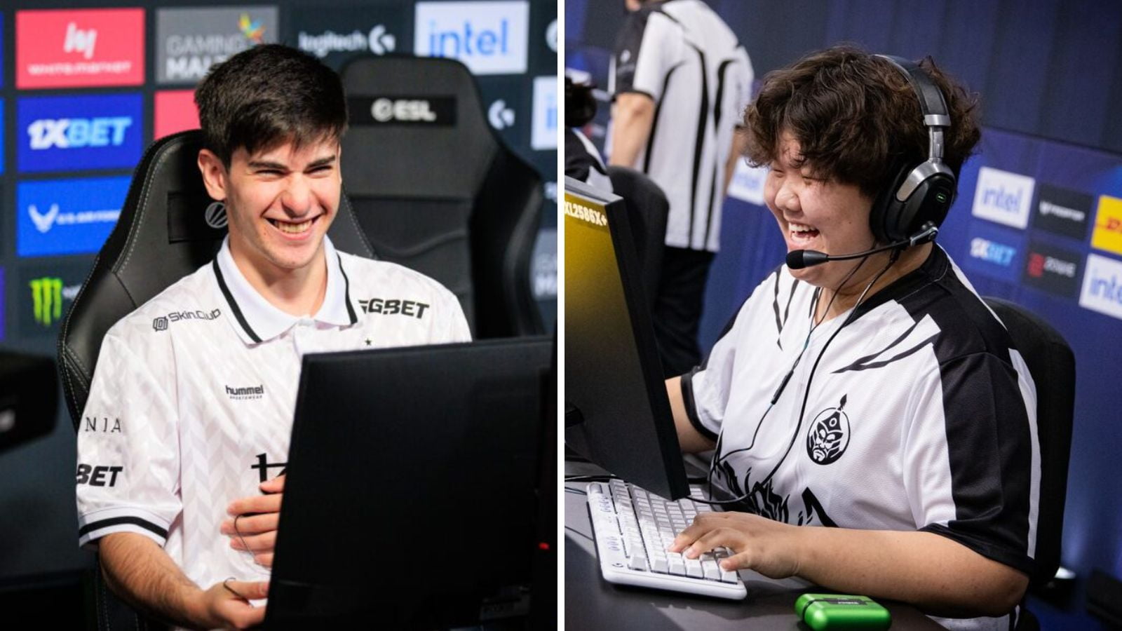Team Vitality's FlameZ (left) and The MongolZ mzinho (right) smiling during separate tournaments organized by ESL.
