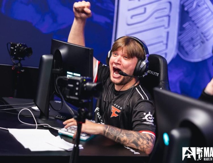 S1mple raises his fist as he celebrates during a round win for FaZe Clan at the Austin Major 2025.