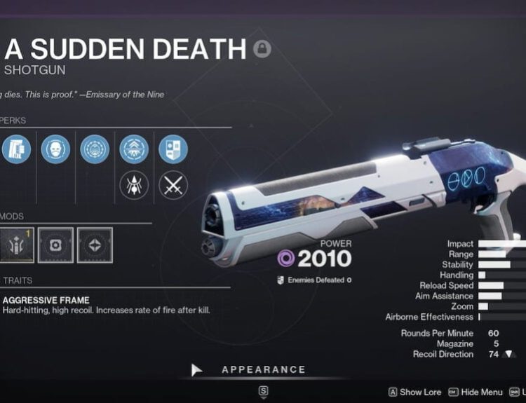 A Sudden Death inspect screen in Destiny 2