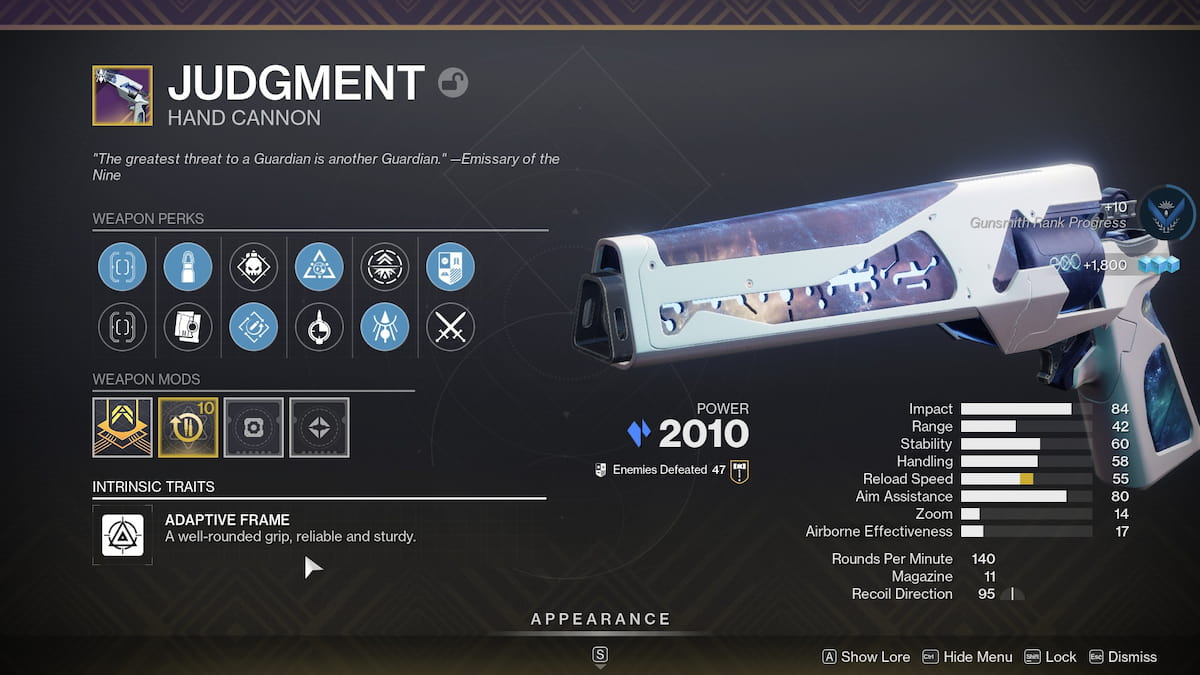 Judgment hand cannon in Destiny 2