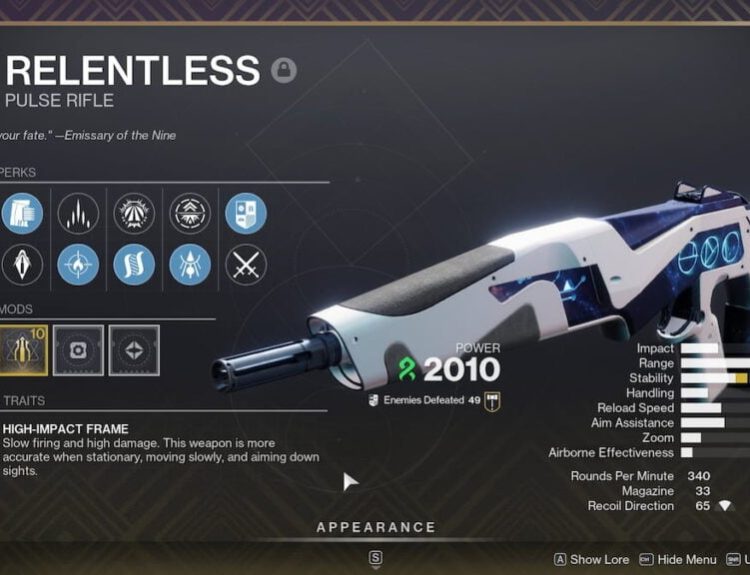 Relentless inspect screen in Destiny 2