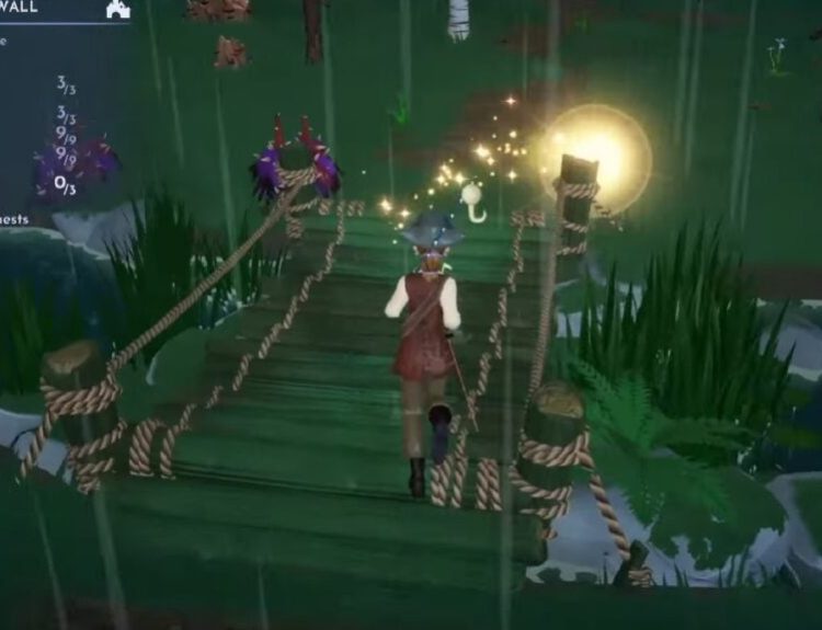 Chasing pixie dust orb on bridge in Disney Dreamlight Valley