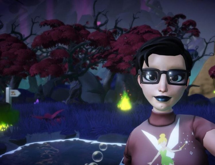 Disney Dreamlight Valley player in the forest taking a selfie near green flames.