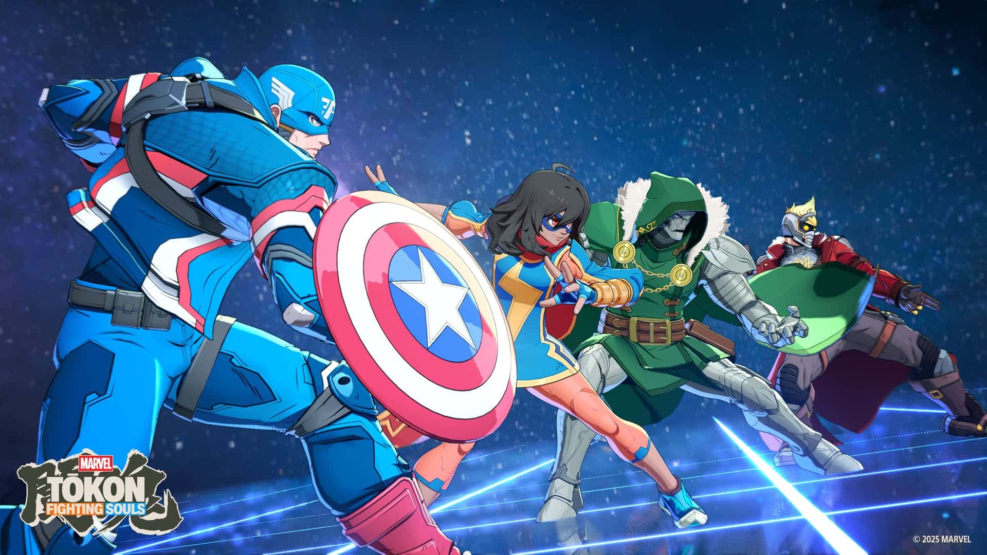 Captain America, Ms. Marvel, Doctor Doom, and Star-Lord in Marvel Tokon Fighting Souls.