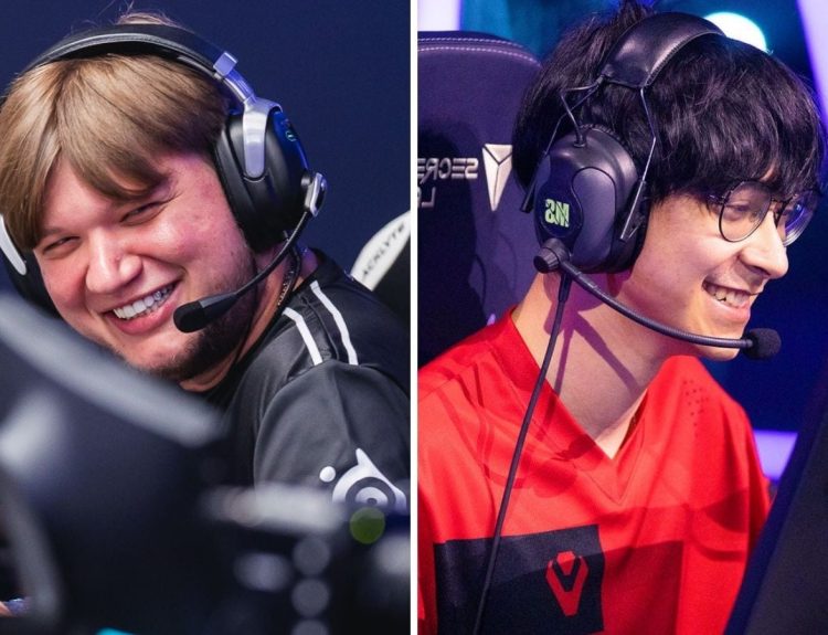 s1mple and TenZ smiling during a tournament in this remixed photo.