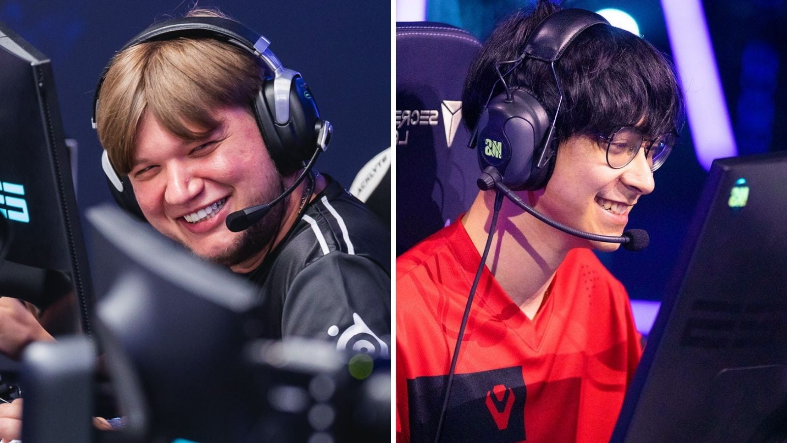 s1mple and TenZ smiling during a tournament in this remixed photo.