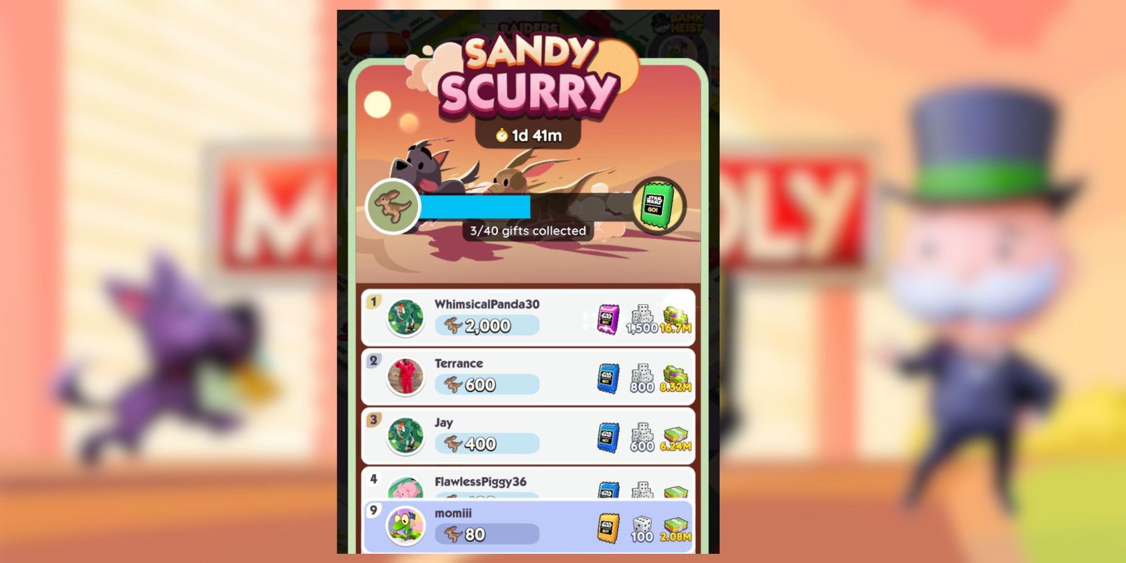 sandy scurry monopoly go