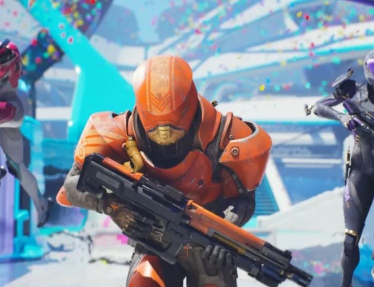 One character each the three factions in Splitgate 2 charging forward with weapon in hand
