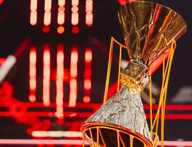 The VALORANT Champions trophy on display.