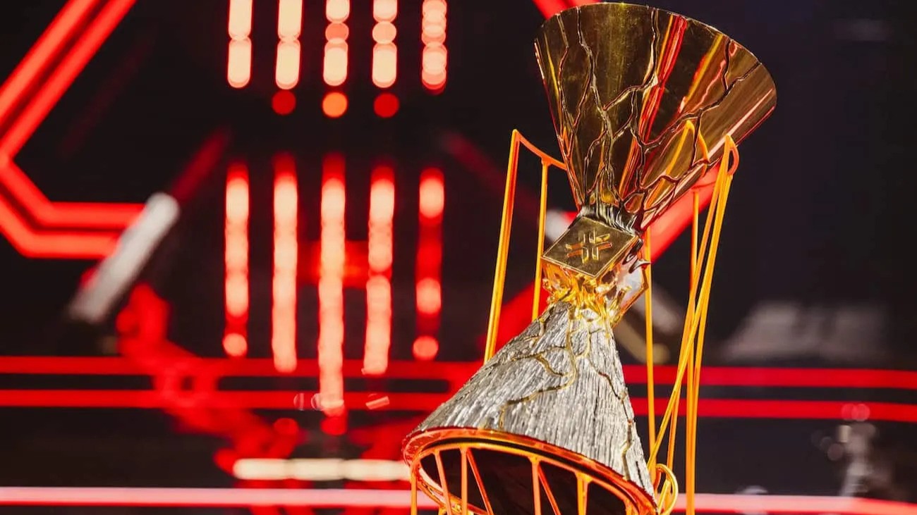 The VALORANT Champions trophy on display.