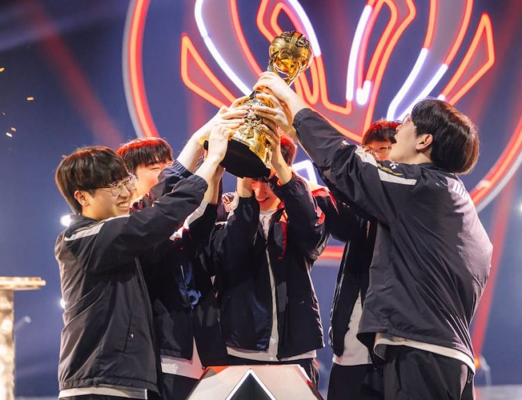 Champions Gen.G Esports lift the trophy after victory at MSI 2025 Finals at the Pacific Coliseum in Vancouver, Canada on July 12, 2025.