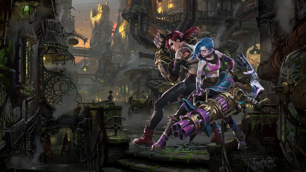 Picture showing Jinx and Vi from Arcane in Zaun.