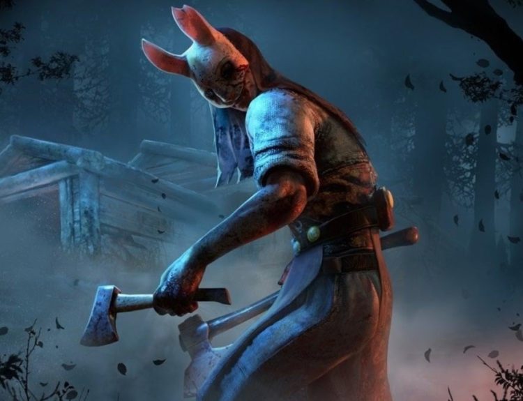 the huntress in a bunny mask with a hatchet against a misty blue background