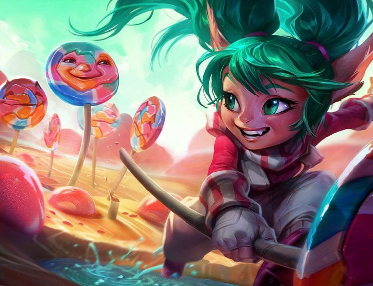 An image of League of Legends champion poppy holding a lolly pop. She appears to be running around from a field of lollies, one with her face on it.