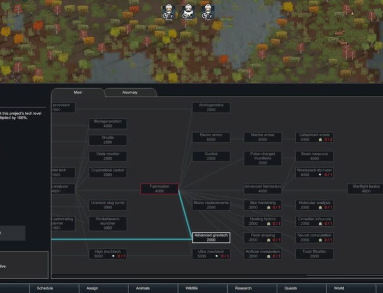 Picture showing the research menu in Rimworld Odyssey.