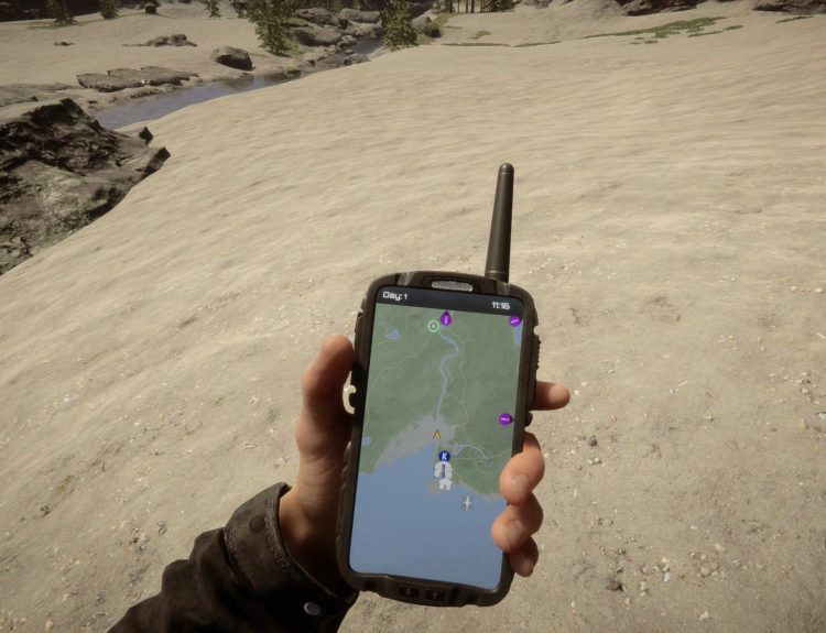 A hand holding a GPS tracker in Sons of the Forest