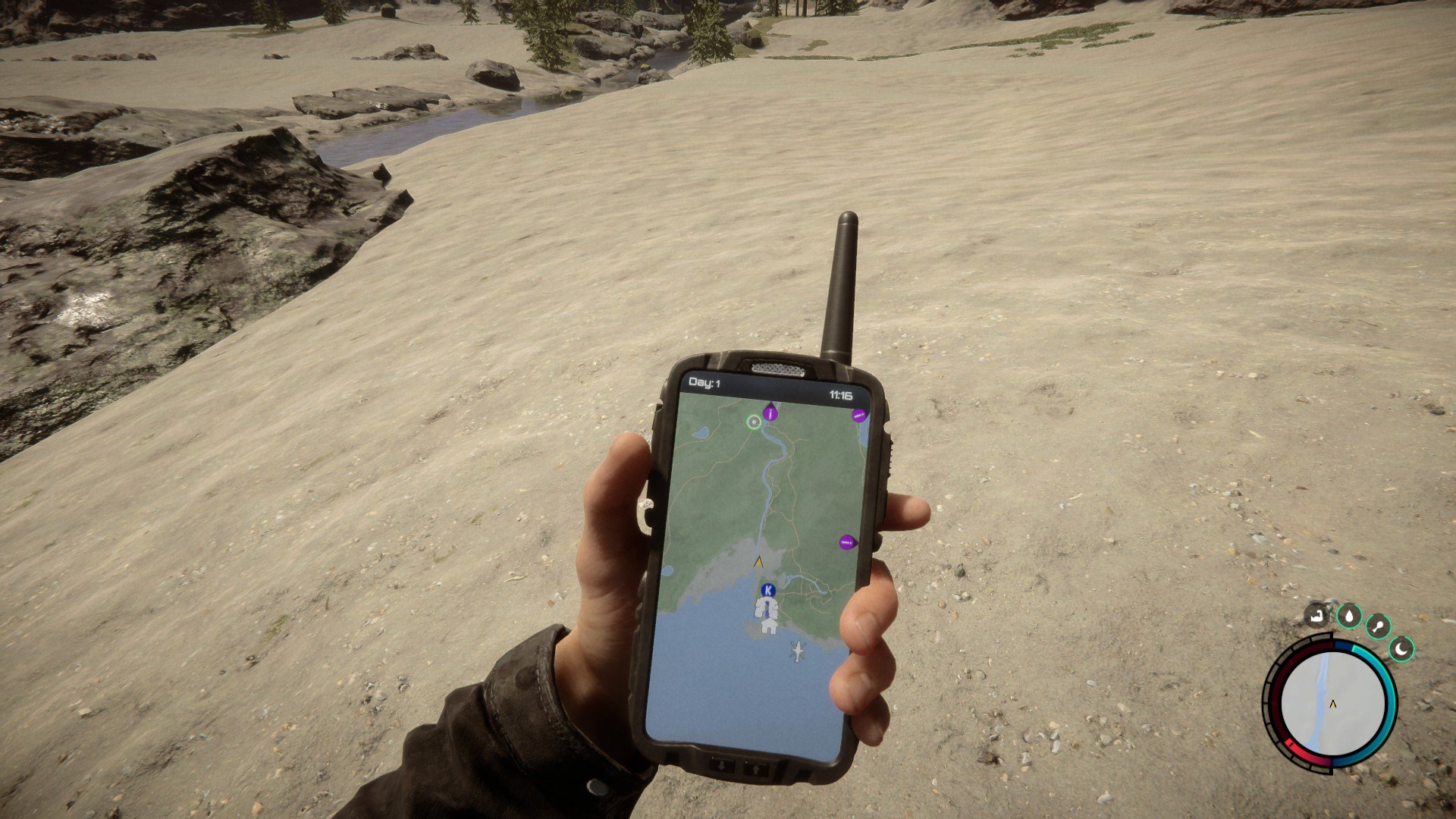 A hand holding a GPS tracker in Sons of the Forest