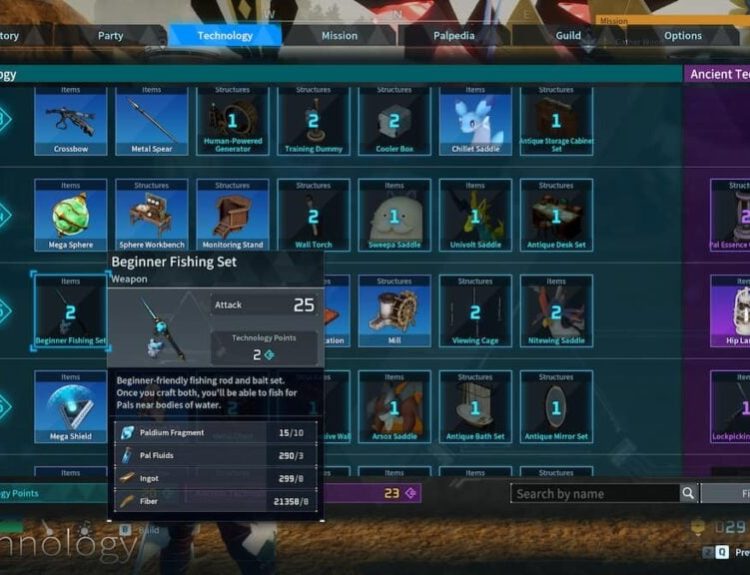 Picture showing the fishing rod in technology tree in Palworld.