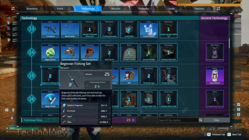 Picture showing the fishing rod in technology tree in Palworld.
