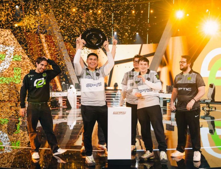 Shotzzy lifts the trophy as OpTic Gaming win the Black Ops 6 Esports World Cup 2025 tournament.